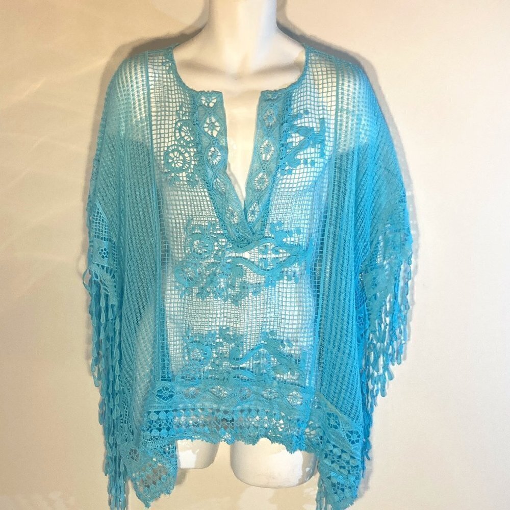 Chico's SZ OS Aqua blue cotton crochet lace poncho Boho Chic Beach Cottage 70's